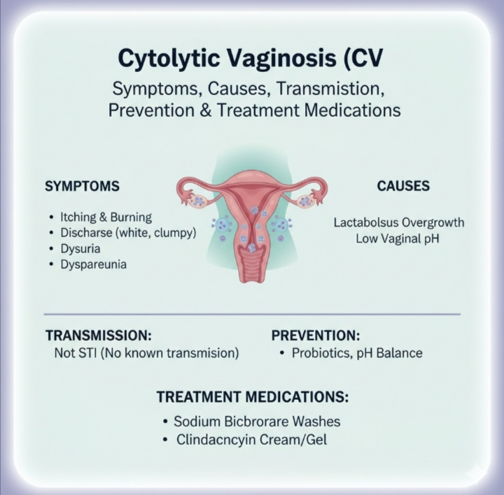 Cytolytic Vaginosis (CV): Symptoms, Causes, Transmission, Prevention & Treatment Medications