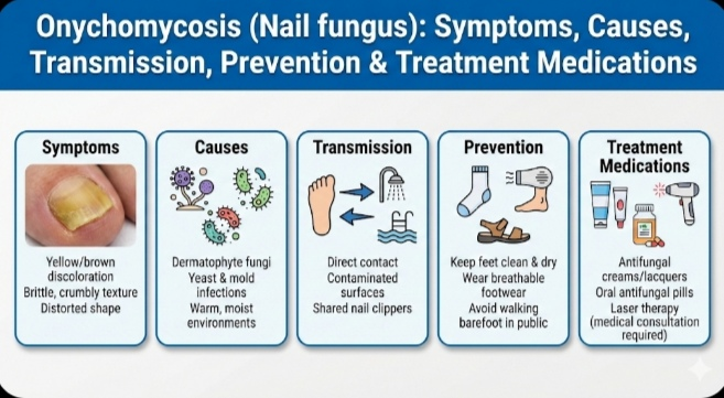 Onychomycosis (Nail fungus): Symptoms, Causes, Transmission, Prevention & Treatment Medications